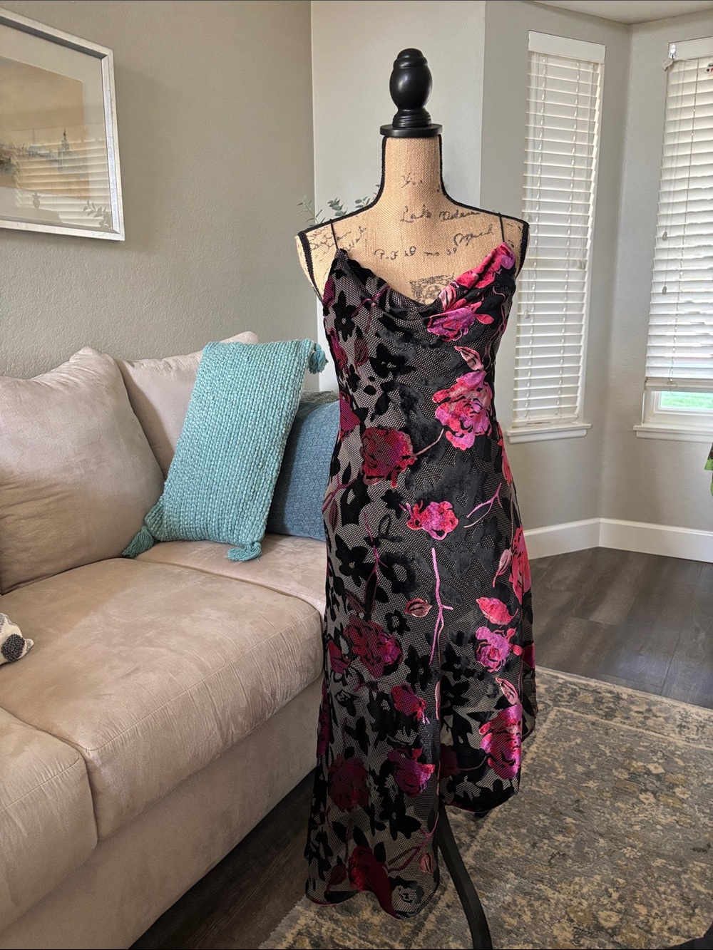 Aidan Mattox Black & Fuchsia Floral High-Low Slip Dress